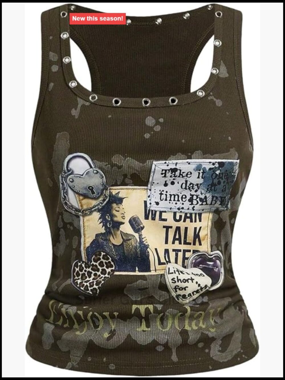Grunge Punk Graphic Tank Top Grommet Eyelet Racerback Sleeveless